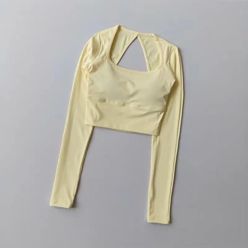 

Женская футболка для йоги с длинным рукавом, встроенными чашечками для бюстгальтера, вырезом на спине, облегающая, быстросохнущая, дышащая, для спортзала, бега и тренировок