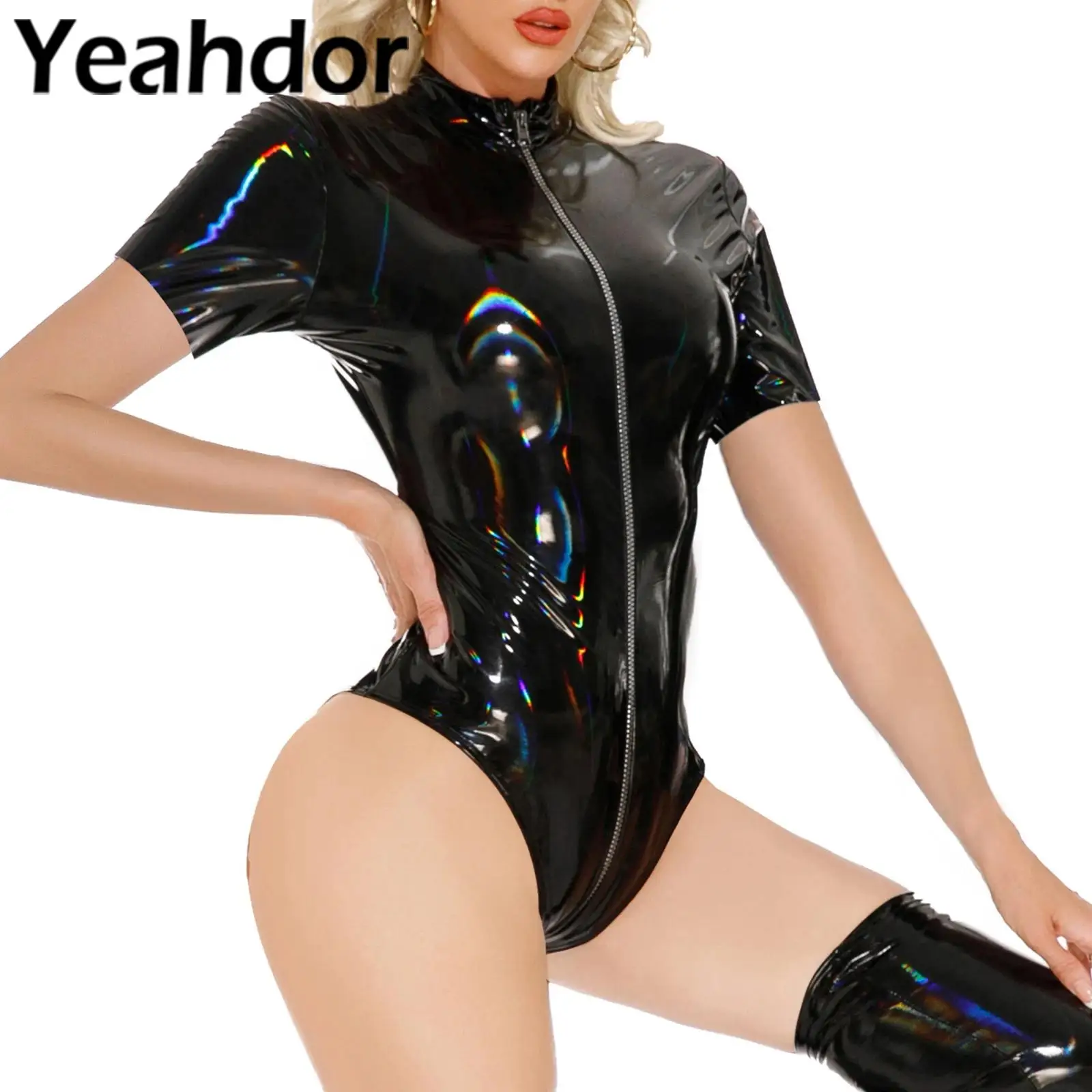 Womens Sexy Patent Leather Bodysuit Hot Porn Zipper Crotch Wetlook Sheath Latex Exotic Teddies Lingerie Party Bunny Lady Costume