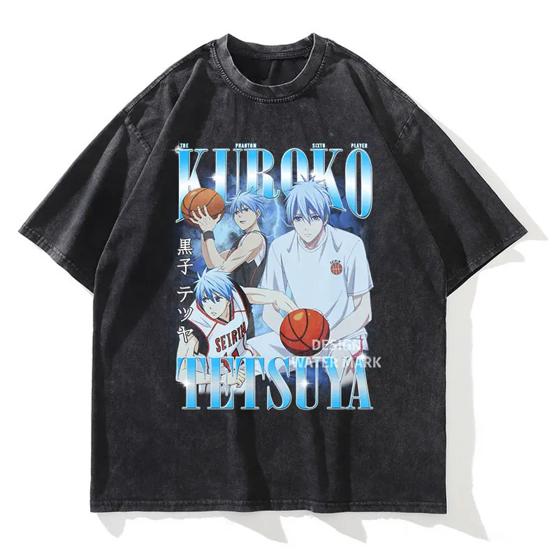 

Anime Kurokos Basketball T Shirt Vintage Washed Taiga Daiki Akashi T-shirts Streetwear Manga Tops Tees Men Girl 100% Cotton
