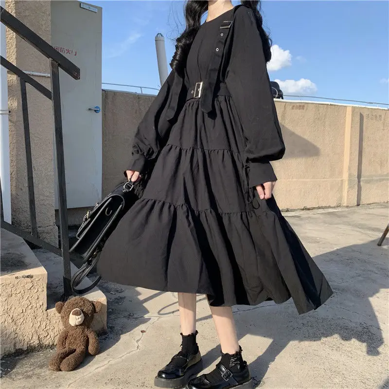 Y2K Japanese style college style loose fit dress for female students, long sleeved pleated black dress, kawaii princess dress