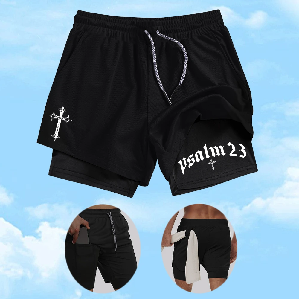

Men's Cross Print Fitness Shorts Summer Double Layer 2 In 1 Beach Shorts Fitness Swimming Surfing Shorts With Inner Phone Pocket