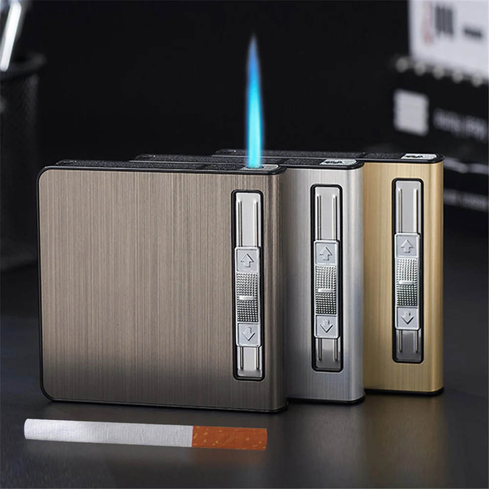 Automatic Pop-Up Cigarette Case with Inflatable Lighter Holds 20 Cigarettes Anti-Pressure Metal Cigarette Case Gift for Men