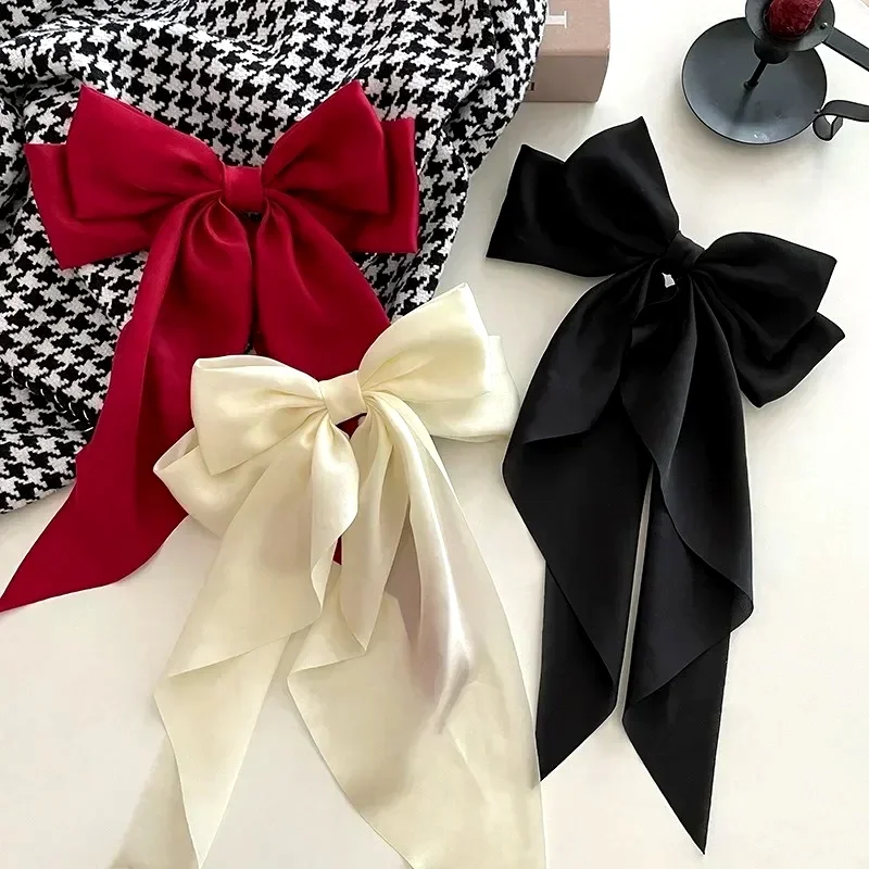 2026 New Korean Style Solid Satin Big Bow Spring Hair Clips, Smooth Ribbon Bow Hairpin Trendy Summer Head Accessories for Teen Girls Dating Vacation Outfit