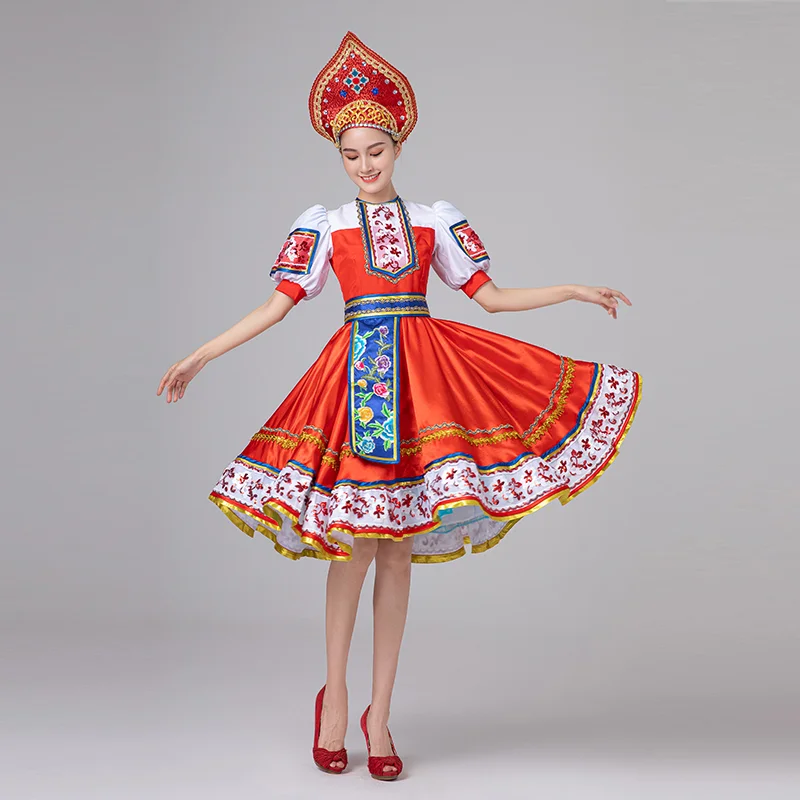 Czerwona tradycyjna rosyjska sukienka do tańca dla kobiet Noworoczna odzież festiwalowa Klasyczna królewska sukienka królowej (kapelusz + ubrania)