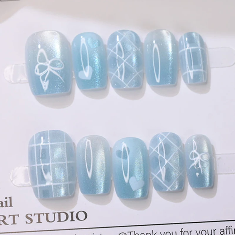 Patch à ongles œil de chat mignon pour femmes et filles, nœud papillon et forme d'amour, grille rêveuse bleue, presse sur, poignées amovibles, faux, nouveau, N64.10 pièces