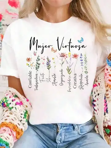 Women Cute Casual Oversized T‑Shirt Dios Dice Que Eres Virtuosa Spanish Religious Quote Graphic Print Crew Neck Short Sleeve Everyday Wear Tee