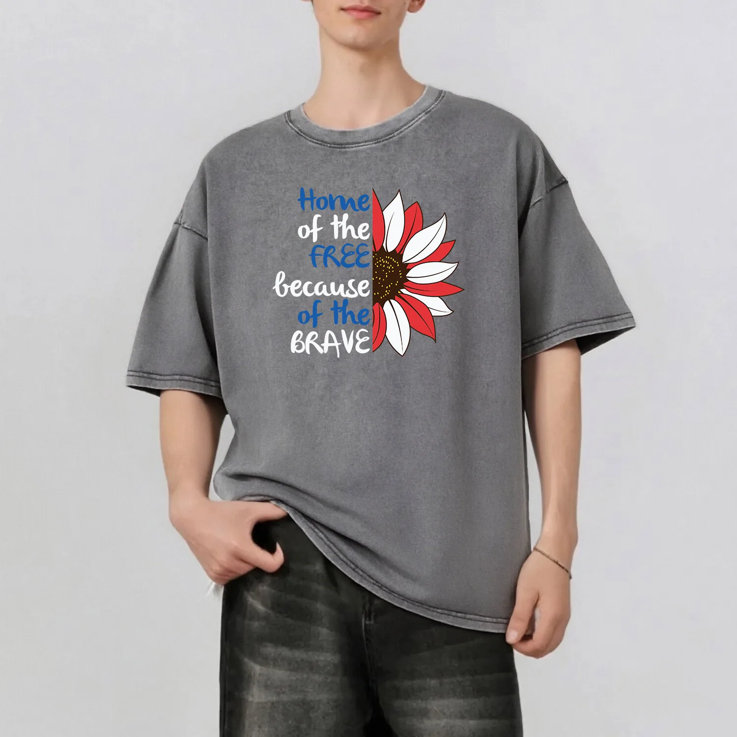 

American Elements Graphic Printing Men's Summer Retro Style Washed Water T-Shirt Casual Short Sleeved Basic Men's Top 230G