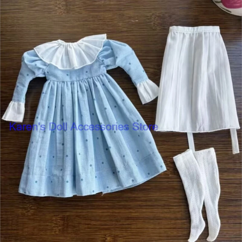 3pcs Blue polka dot dress+Apron + white stockings for Blythe/landoudou(Fit for Lulu,ymy24,Ob22,24,26,zone, Jenny)