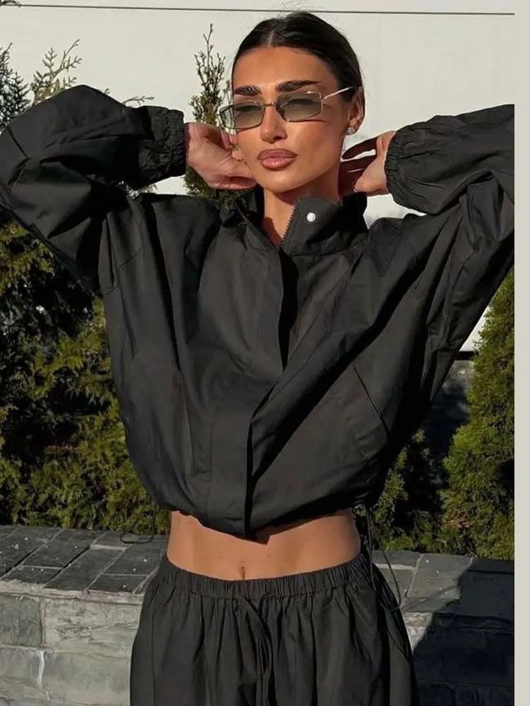 Women's 2 Pcs Suits Stand Collar Drawstring Coats Pants Sets Spring Female Lantern Long Sleeves Crop Tops With Wide Leg Trousers