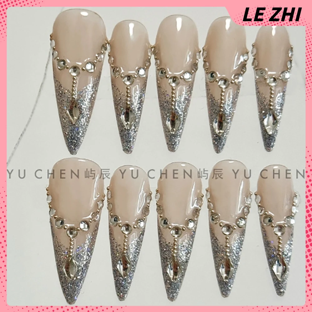 Spice Girl Long Stiletto Coffin French Press On Nails Leopard Print  Diamond Flower Bow Butterfly Full Cover Nail