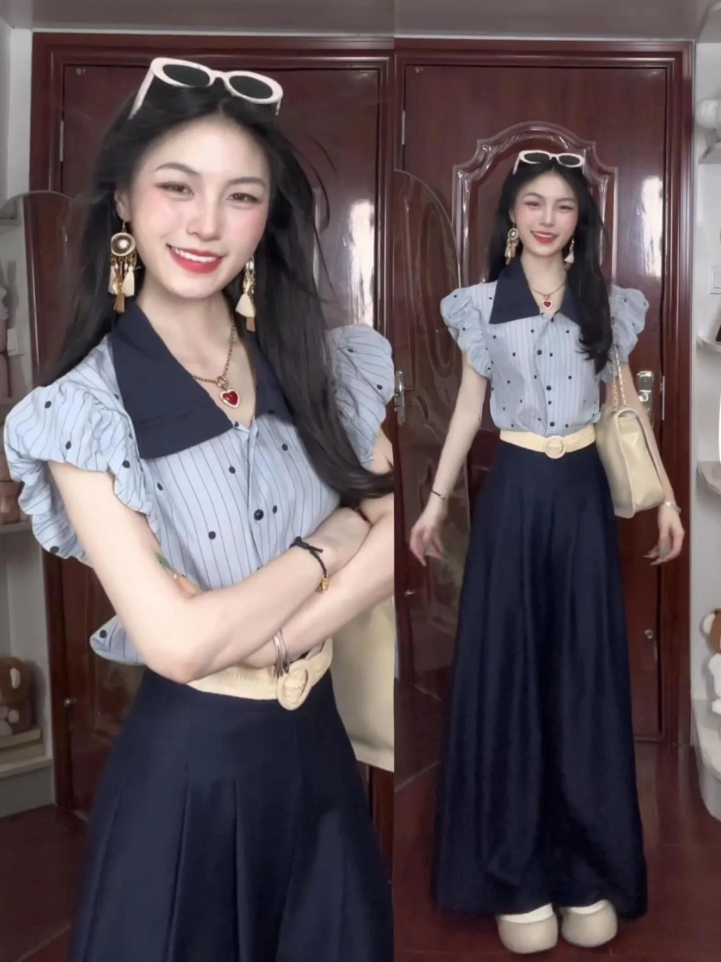 

Spicy Girl Pure Desire Sle ort Sve Polka Dot irt And High Waist Loose Long Pants Women's Faion Set Summer 2025