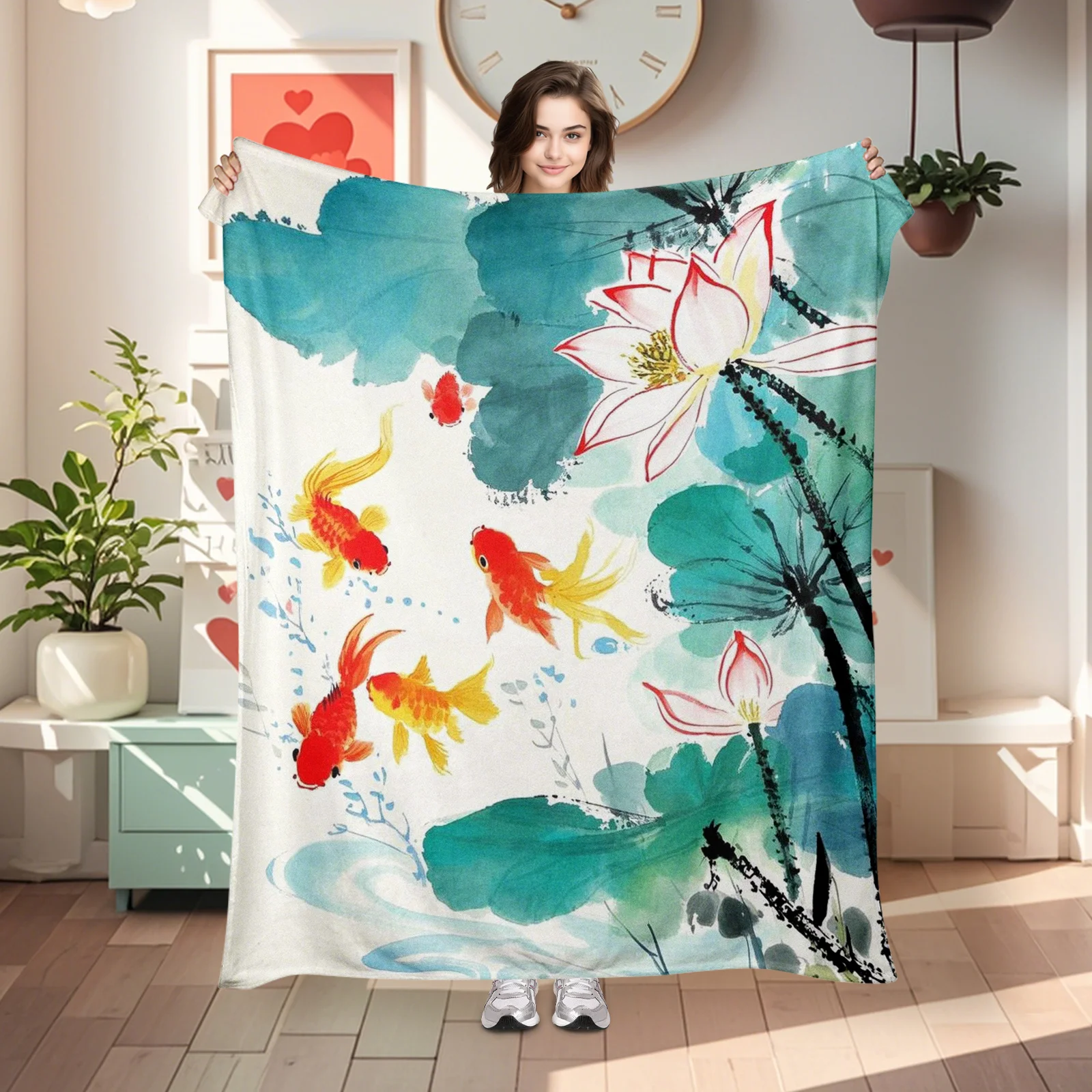 

Soft And Inviting Watercolor Goldfish In A Lotus Pond Blanket Brings Comfort To Loved Ones