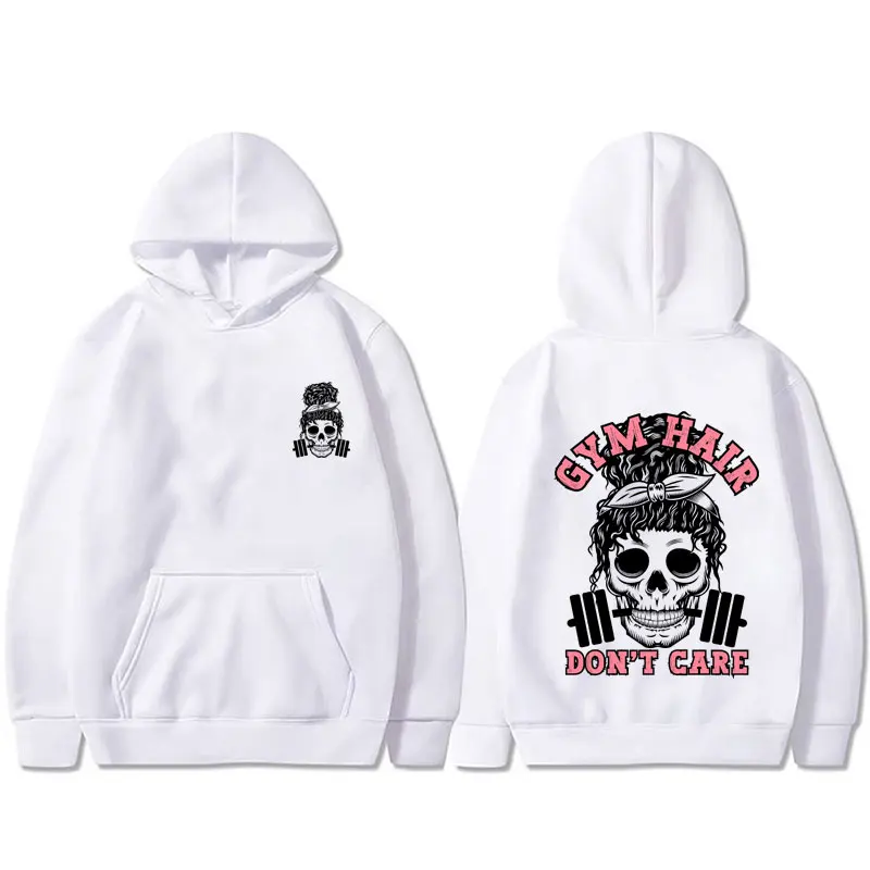 

Gym Hair Don't Care Double Sided Graphic Hoodie Men Women Funny Skeleton Print Pullover Men Women's Fashion Oversized Hoodies