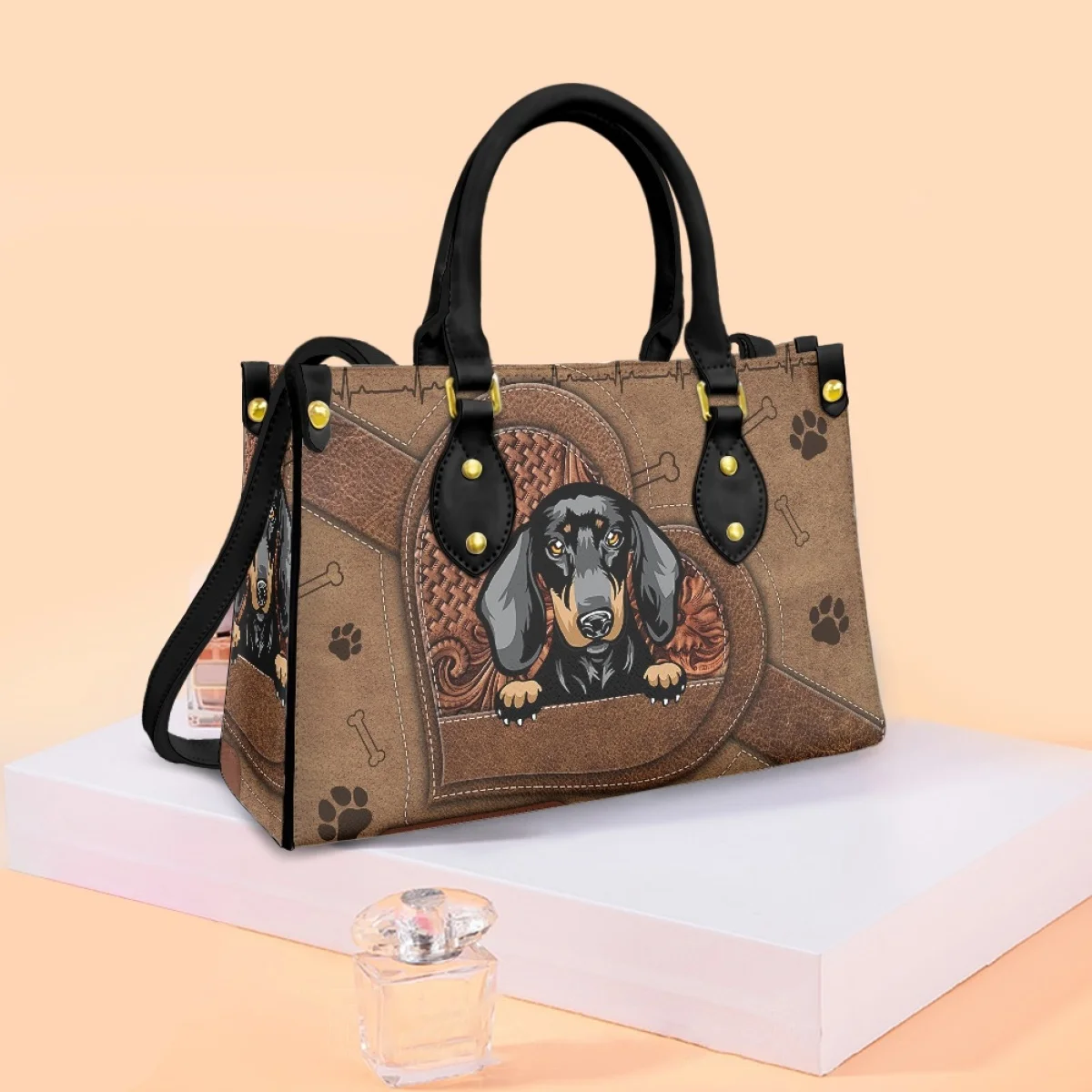 Leather Shoulder Bags for Woman Personalized Name Cute Dachshund Dogs Print Casual Handbags Brand Design Luxury Totes Bag Bolsos