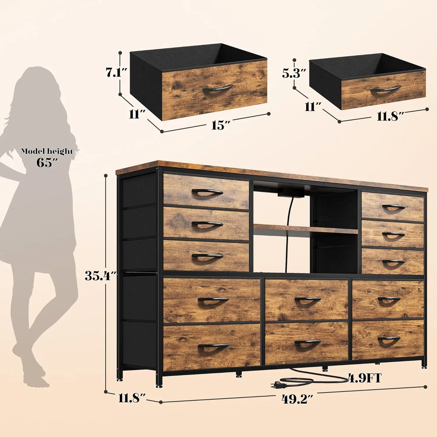خزانة غرفة النوم مع أضواء LED ومحطة شحن، حامل تلفزيون 12 درج لتلفزيون 60 بوصة، بني ريفي #3