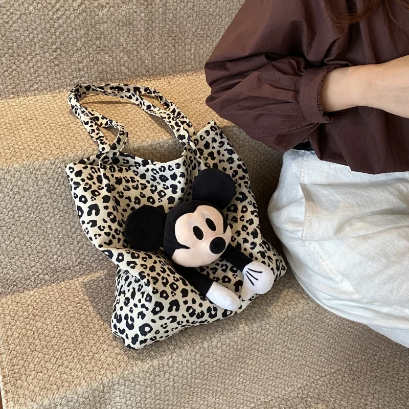 Nova bolsa de boneca tridimensional de desenho animado do Mickey Mouse da Disney elegante e simples com estampa de leopardo bolsa de ombro casual