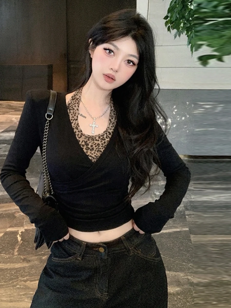 American Style Hot Girl New Irregular Pleated Leopard Print Neck Hanging False Two-Piece V-Neck Long Sleeve T-Shirt Slimming ...