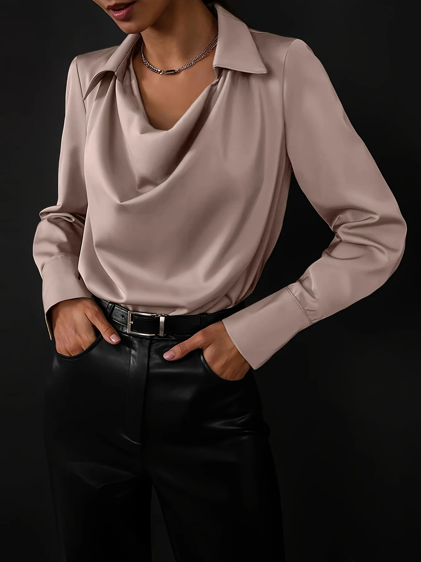 Women Shirt Lapel Swing Collar Long Sleeve Shirt Solid Color Loose Fit Casual Tops
