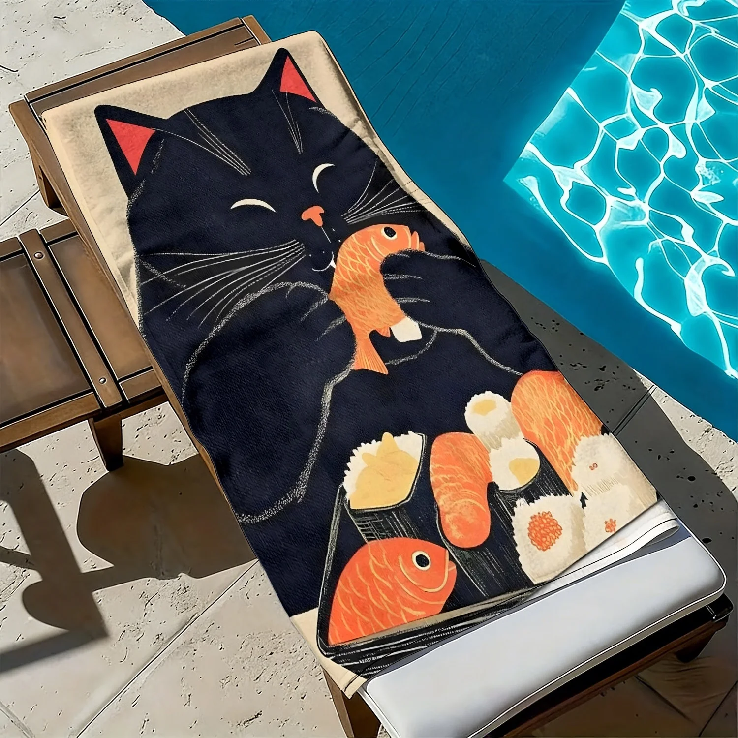 Ukiyo-e style black cat and sushi theme polyester microfiber beach towel is highly absorbent, suitable swimming beach outings