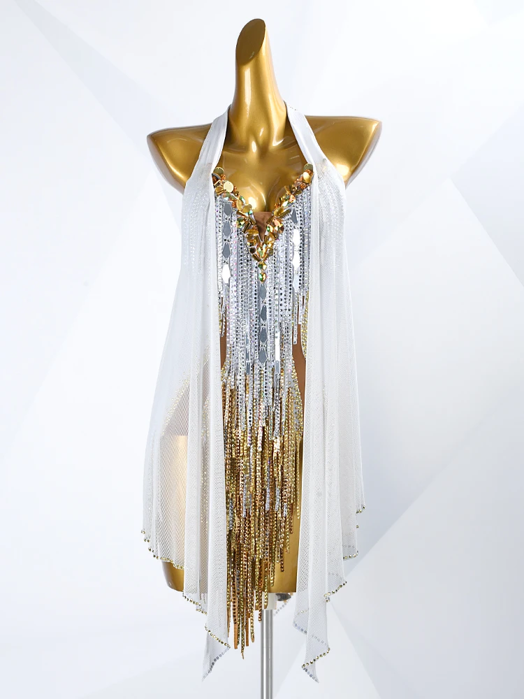 ET trajes latinos de rumba blanco vestido de competición de deporte de baile strass con malla drapeada y flecos de piedra dorada