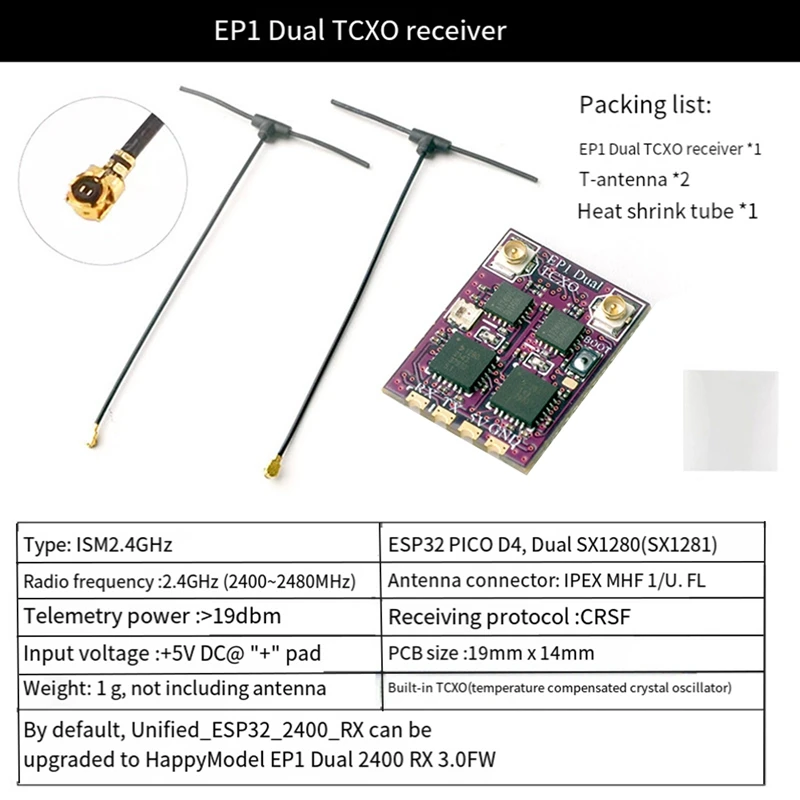 Voor Happymodel EP1 DUAL TCXO Ontvanger ESP32 2.4Ghz 2400-2480Mhz CRSF ELRS Mini FPV Racing Drone Ontvanger EP1 DUAL TCXO Duurzaam