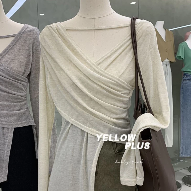 Tea-style Pure Desire V-neck Cross Irregular Sunscreen T-shirt Summer Slim Long-sleeved Top