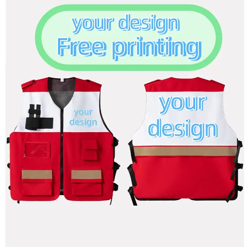 Men's Red Rescue Vest Personalized Custom Printed Logo Road Safety Outdoor Color Blocked Multi Pocket Jacket