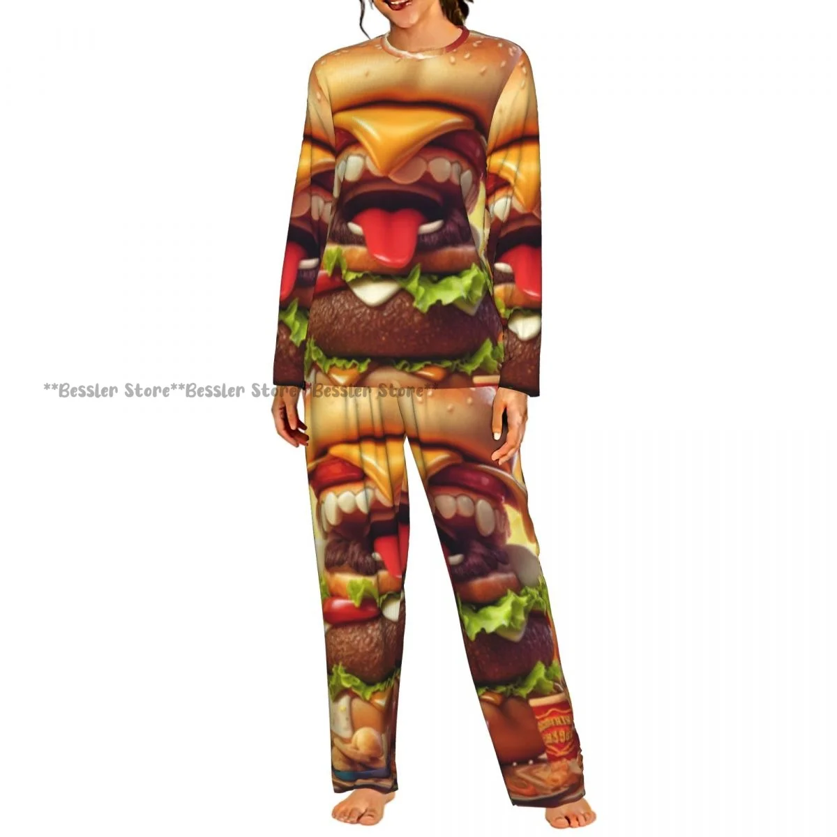 2 Piece Loungewear Women Pajama Sets Hamburger With Flying Ingredients Soft Homewear Sleepwear Long Sleeve Nightwear