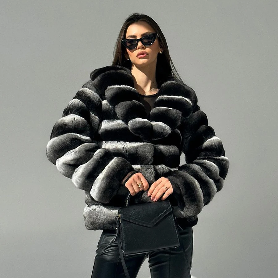 Fur Coat Women Real Chinchilla Rex Rabbit Fur Coats With Stand Collar Luxury Winter Natural Short Fur Jacket