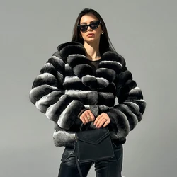 Fur Coat Women Real Chinchilla Rex Rabbit Fur Coats With Stand Collar Luxury Winter Natural Short Fur Jacket