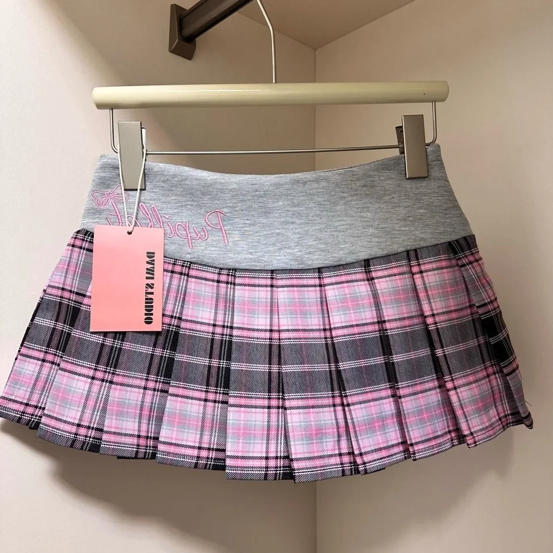 

American Retro Spicy Girl Plaid Half Skirt Women Summer New Embroidery Patchwork Fashion High Waist Pleated Short Skirt