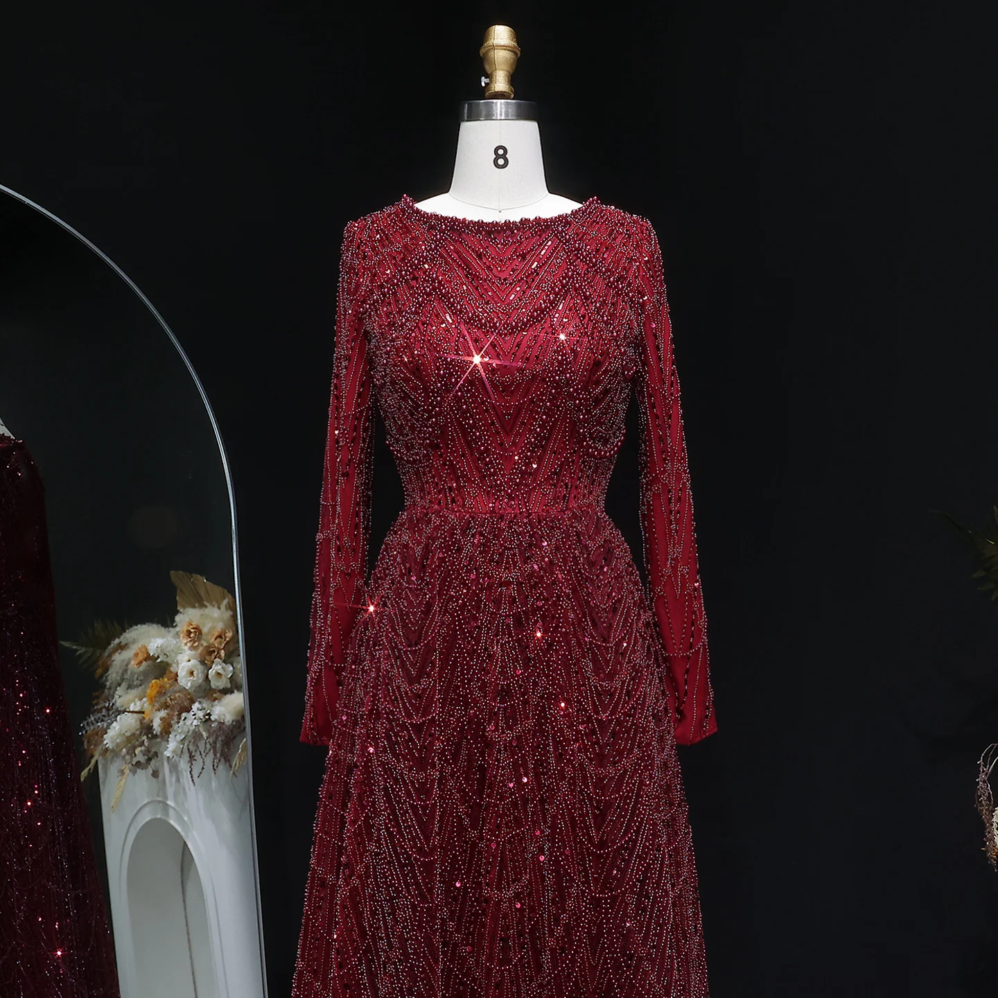 Sharon Said Luxuriöses Dubai-Abendkleid mit grünen Perlen und langen Ärmeln, Saudi-Arabisches Damen-Hochzeitskleid, formelle Partykleider SS625, maßgeschneidert – Detail 15