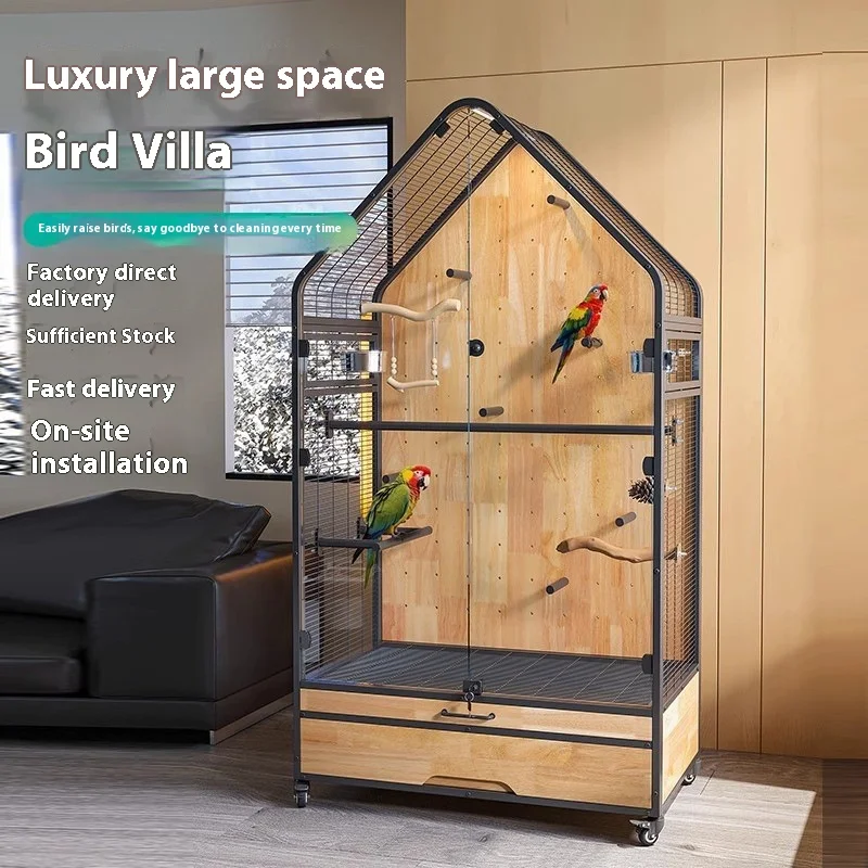 

Luxury Panoramic Parrot Villa Super Space Movable Bird Cage Solid Wood Wrought Iron Steel Plastic Wired-Live Nests Box Packaging