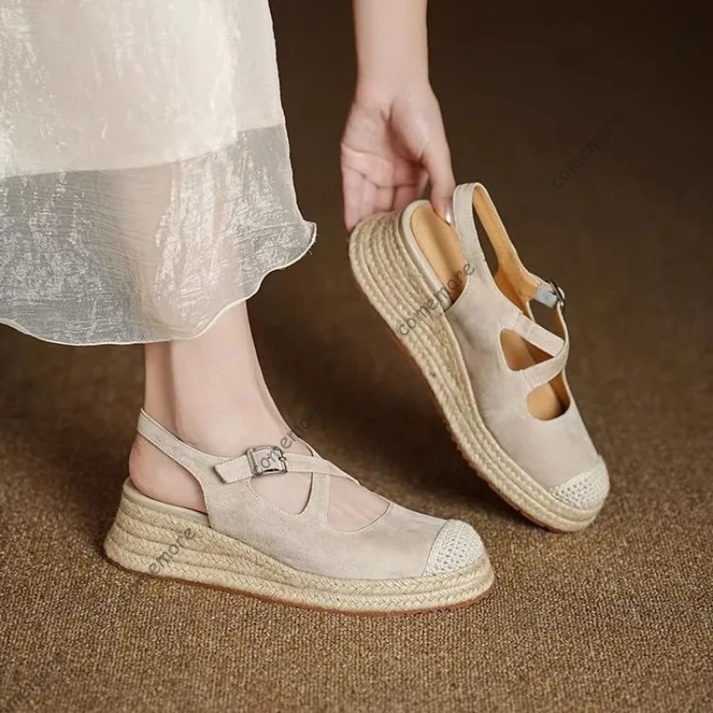 Comemore Platform Baotou Wedge Heel Pumps Spring Summer Flat Straw Botttom Suede Casual Mary Jane Shoes Round Head Heels Women