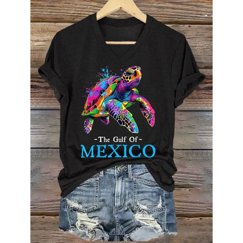 NEW Women's Gulf Of Mexico Turtle Print T-Shirts Summer Casual V Neck Tops Short Sleeve Tees