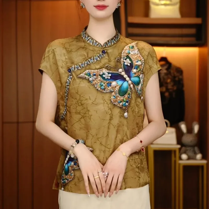 

Chinese Style Embellished Butterfly Blouse Women Mandarin Collar Beaded Gem Decor Short Sleeve Elegant Summer Top
