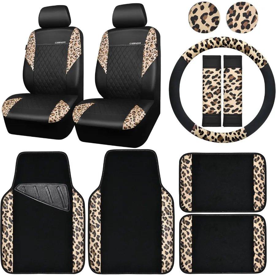

Leopard Print Faux Leather Car Seat Covers Car Mats Steering Wheel Cover and Seat Belt Pad Set with Universal Fit for SUVs Vans
