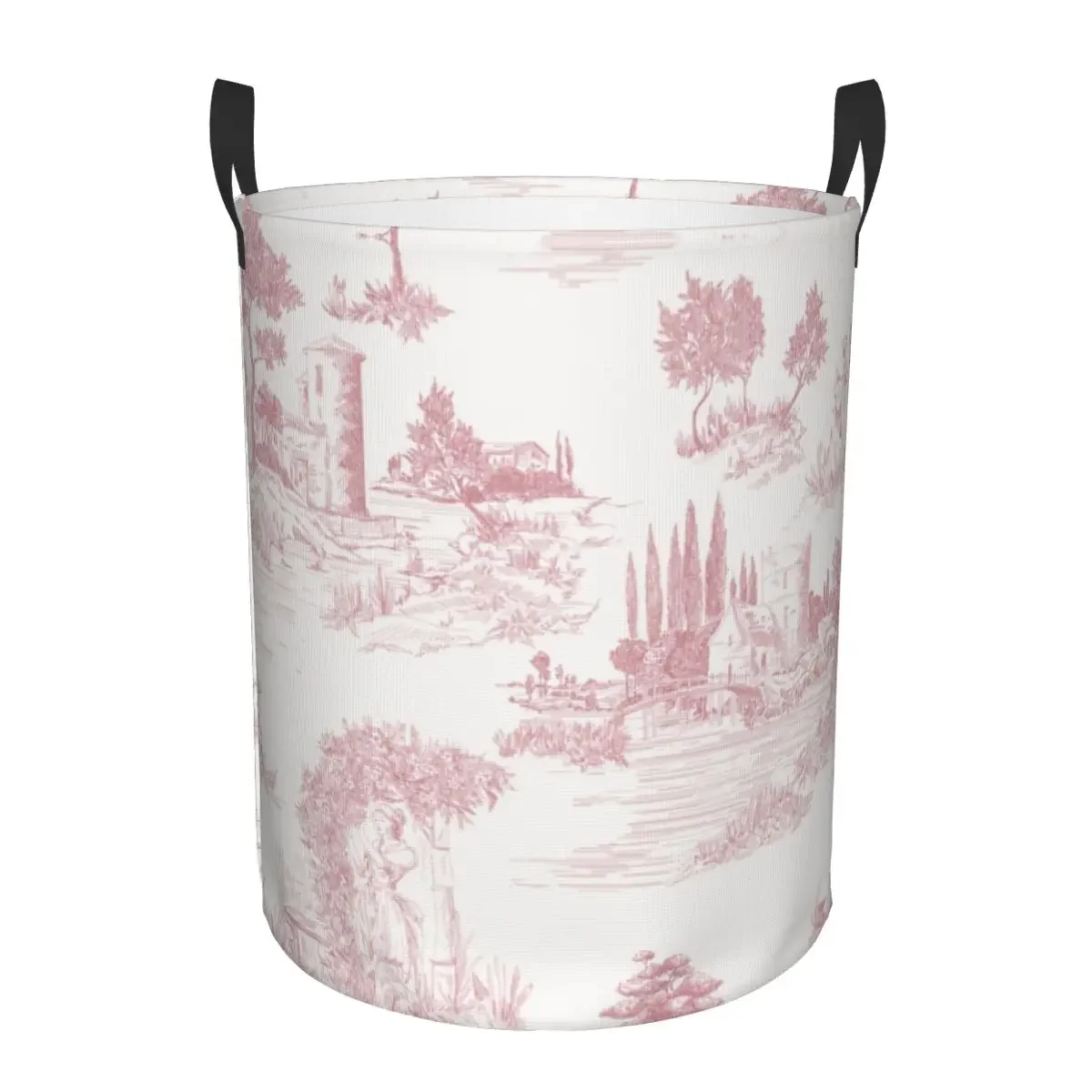 Custom Vintage Toile De Jouy Laundry Basket Foldable Blush Pink White Clothes Hamper for Baby Kids Toys Storage Bin