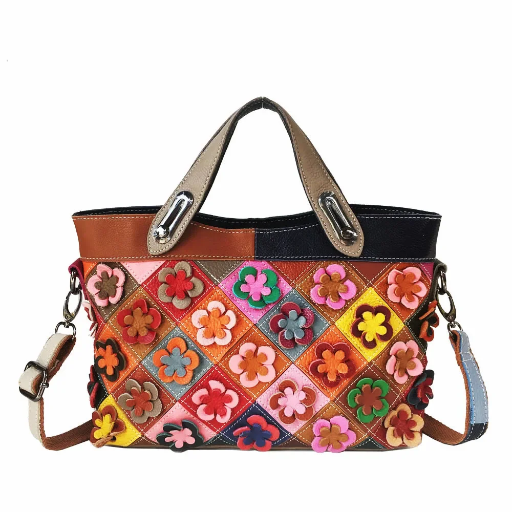 Women New Fashion Multicolour Flowers Genuine Leather Diamond Lattice Splicing Tote Handbags Lady Charm ShoulderBag CrossbodyBag