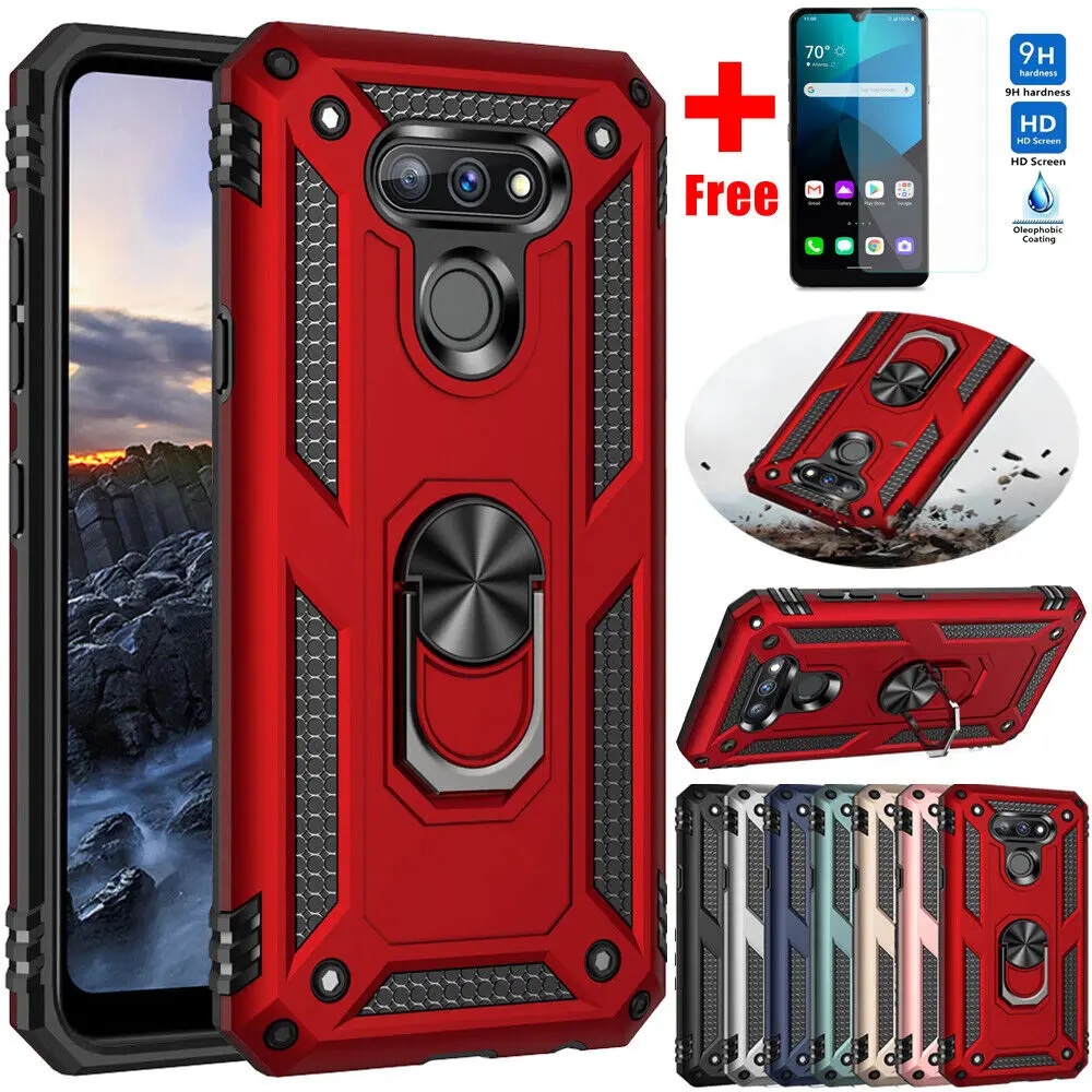 For LG Harmony 4/Xpression Plus 3/Premier Pro Plus/K41/K40S Shockproof Stand Ring Holder Cover Armor Phone Case+Tempered Glass