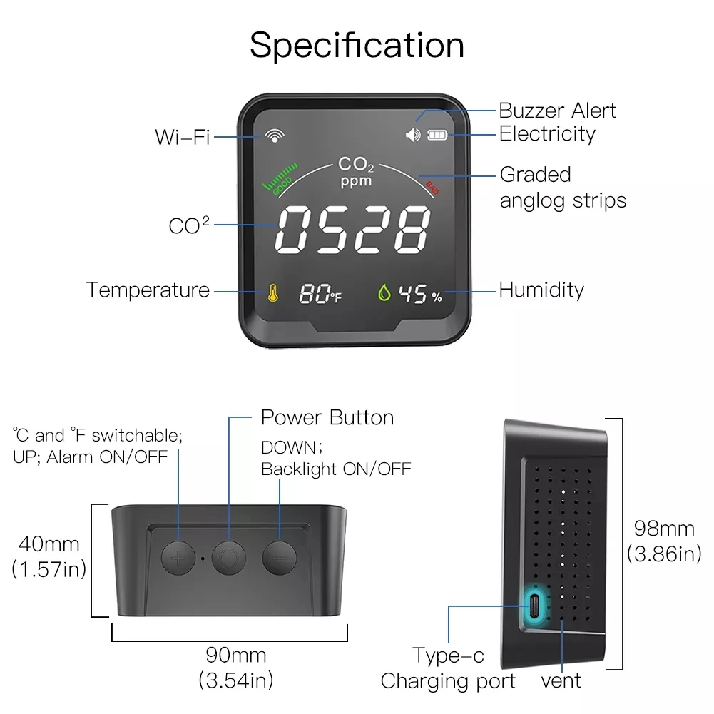 LED Screen WIFI Tuya Air Quality Temperature Humidity Co2 Meter Carbon Dioxide Detector Sensor Monitor