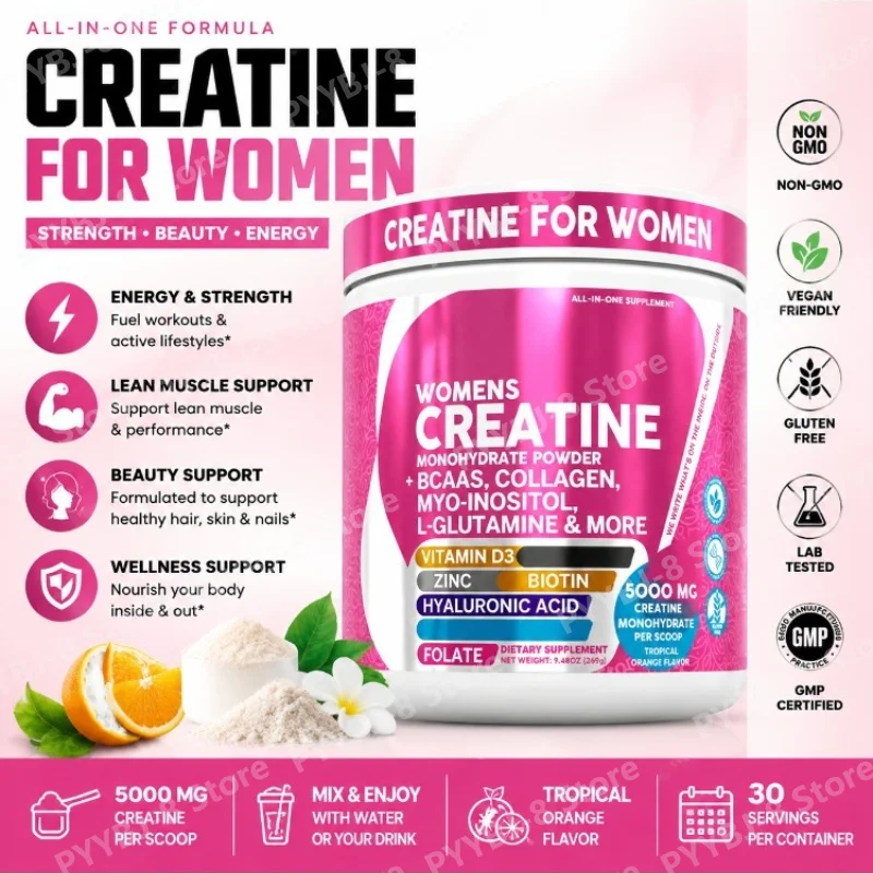 Creatina Monohidrato en Polvo para Mujeres – BCAA, Multi-Colágeno, Biotina y Vitamina D3, 30 Porciones, Sabor Naranja Tropical, Soporte Nutricional
