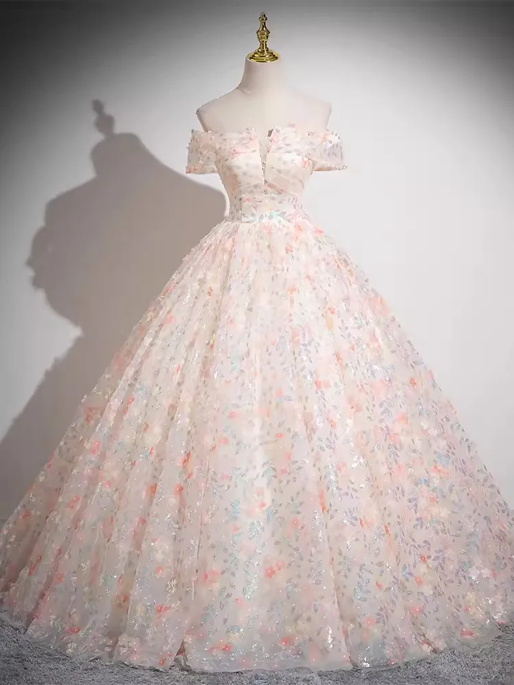 Очаровательное бальное платье с цветочным принтом, бальное платье с открытыми плечами, длинное бальное платье для 15-16 лет, милая Праздничная официальная одежда