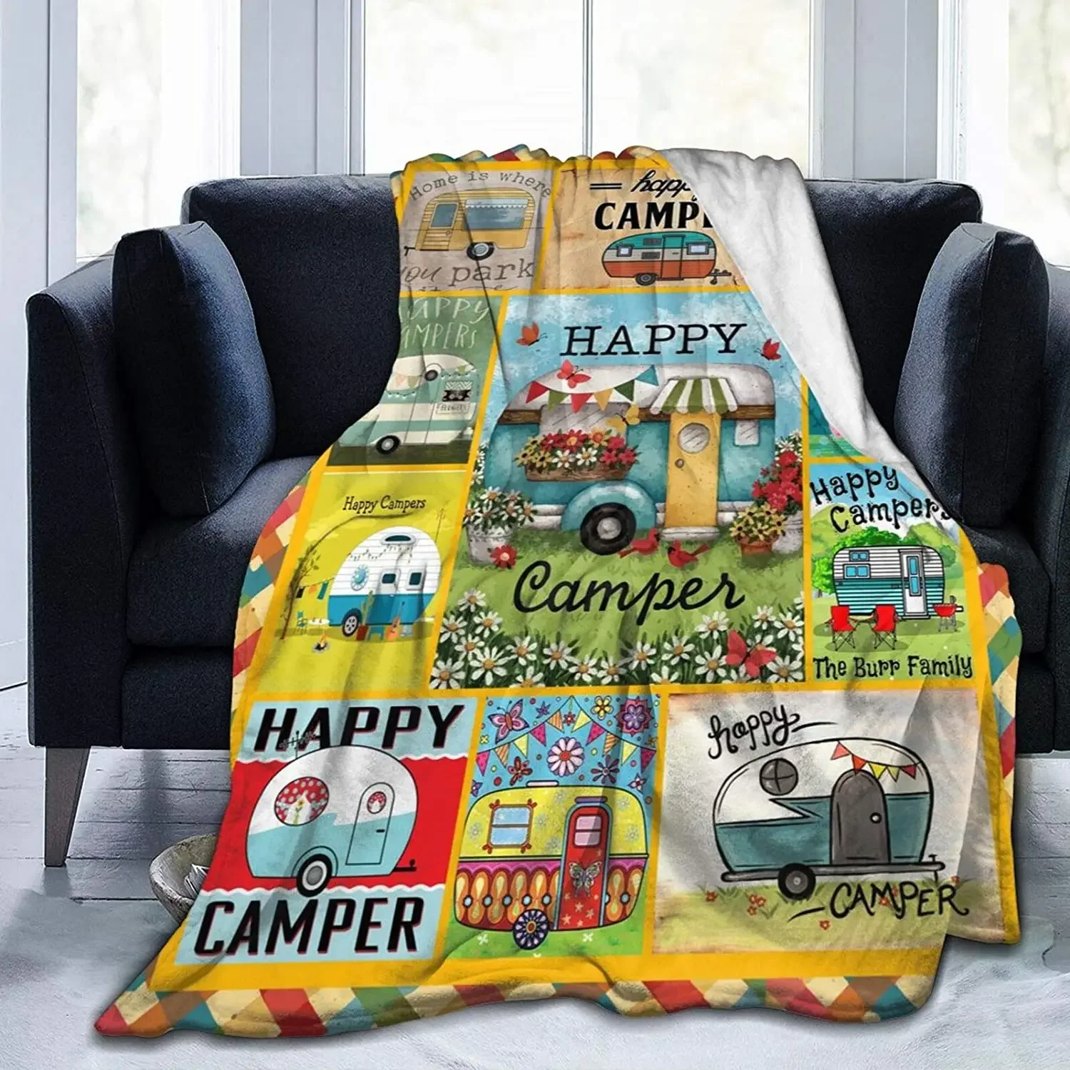 Throw Blanket Happy Camper Cozy Microfiber Bed Blanket for Adult Kids All Season Flannel Lap Blanket for Couch Chair Living Room