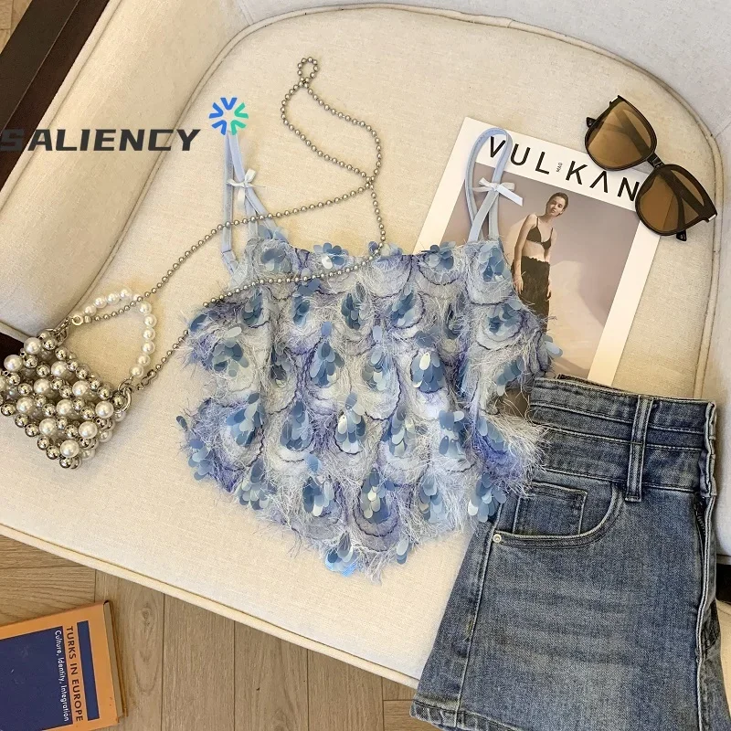 Saliency Tassel Sequins Bow Camisole Tank Women Zipper Beauty Back Irregular Sleeveless Top Summer