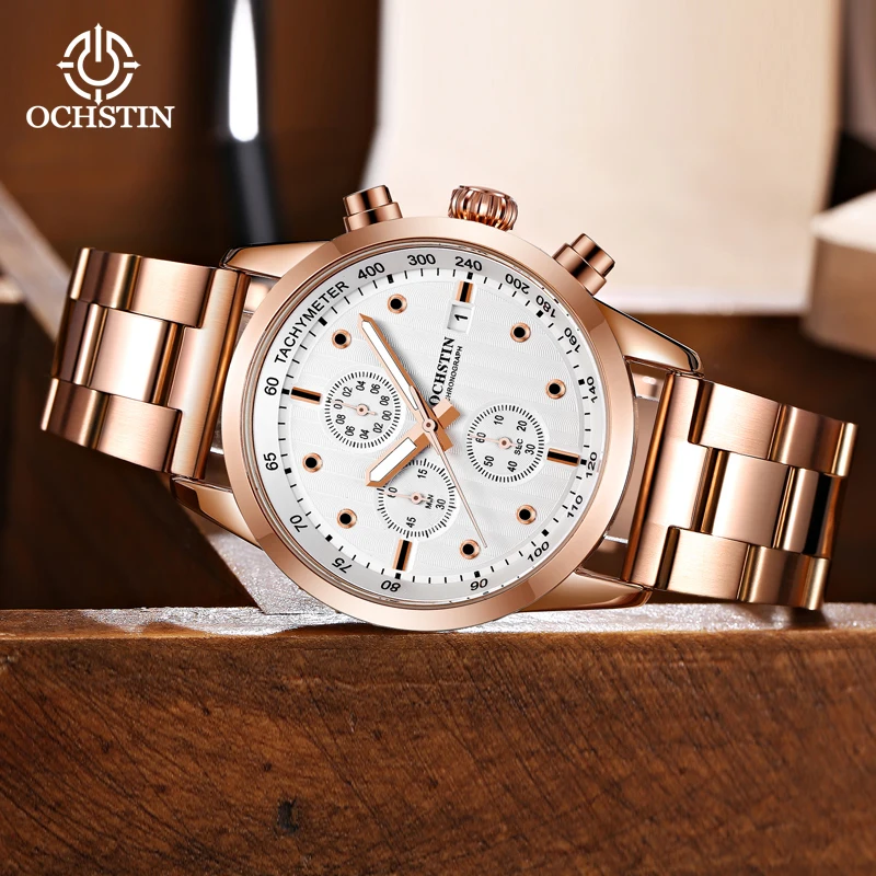 OCHSTIN Stylish Aviator Style Men Quartz Watch Multifunctional Movement Durable Stainless Steel Band Man Waterproof Timepiece