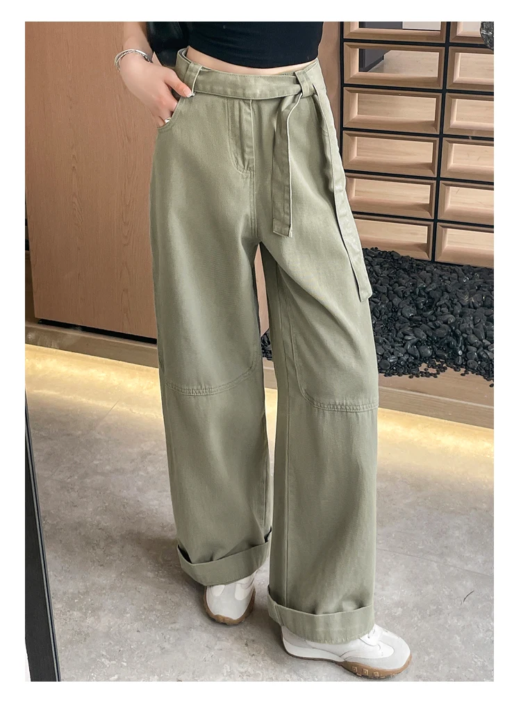 Autumn High Waist Washed Cotton Women's Wide Leg Pants Sashes 2025 New Solid Vintage Casual Loose Straight Trousers Female