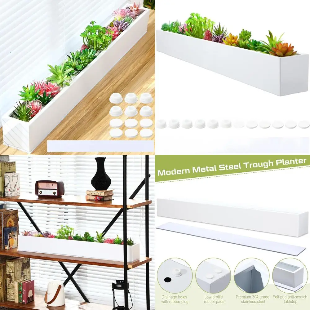 

Large White Metal Indoor Window Sill Planter Box with Drainage for Herbs and Home Garden