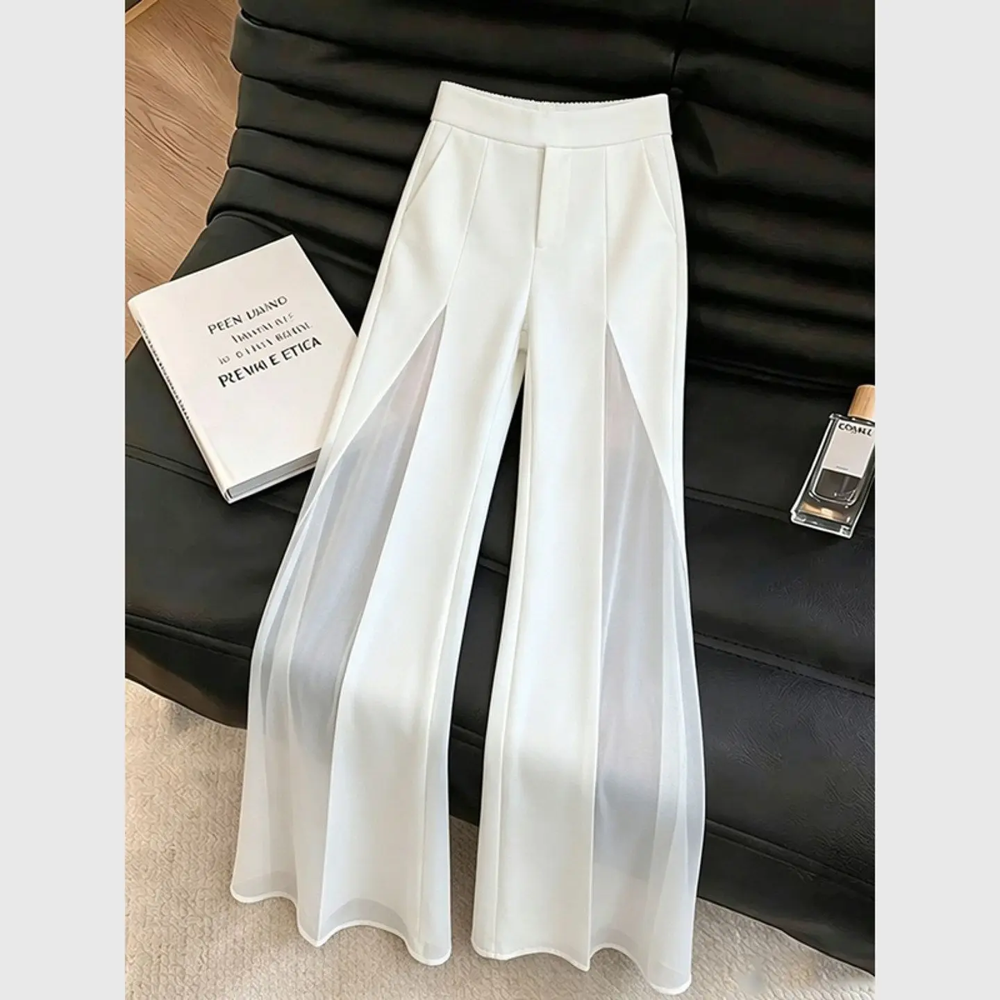 New Summer Chiffon Patchwork Flare Pants Women Summer Fashion Design High End Slim Solid Color Long Trousers Office Lady