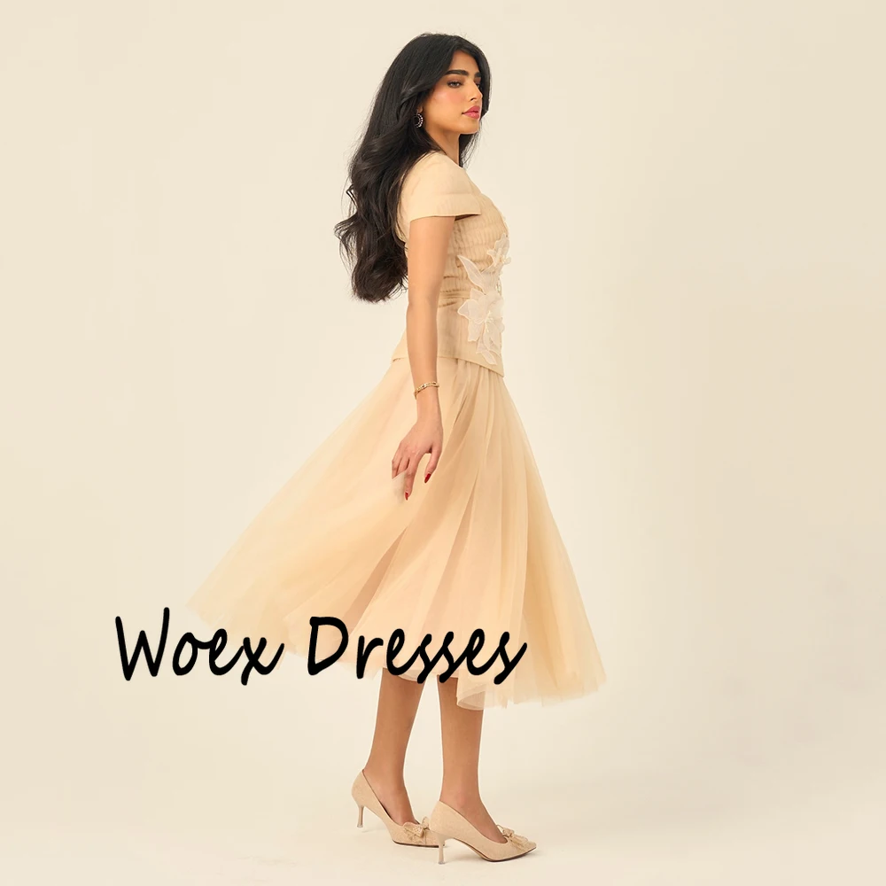 Customized O-neck Champagne A-line Jersey Evening Dress Short Sleeves With Appliques Party Gown Draped Tea-Length Prom Dress image 2